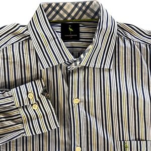 Tailorbyrd Mens XL Blue Yellow Striped Long Sleeve Button Down Shirt Flamingo